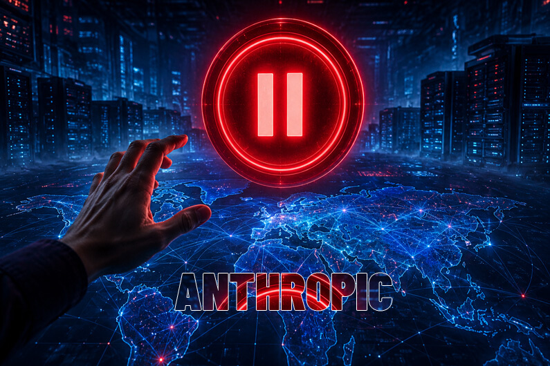Imagem de uma mão tentando apertar um botão de pause ilustra o post cujo título diz: A IA pode escapar do controle humano? Anthropic faz alerta global.