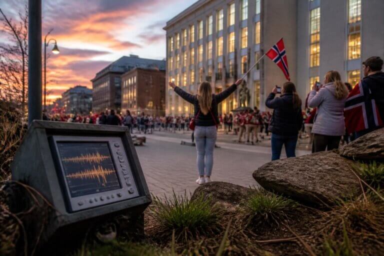 Imagem de torcedores carregando bandeiras da Noruega nas ruas ilustra o post cujo título diz que a cada gol da Noruega na Copa faz a cidade de Bergen tremer.
