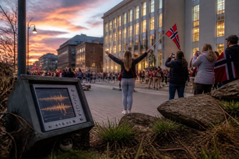 Imagem de torcedores carregando bandeiras da Noruega nas ruas ilustra o post cujo título diz que a cada gol da Noruega na Copa faz a cidade de Bergen tremer.