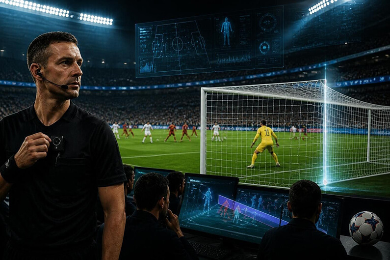 Imagem parcial de um campo de futebol como pano de fundo e equipamentos tecnológicos como pano de frente ilustra o post cujo título diz que as câmeras, sensores e IA estão redesenhando a Copa do Mundo.