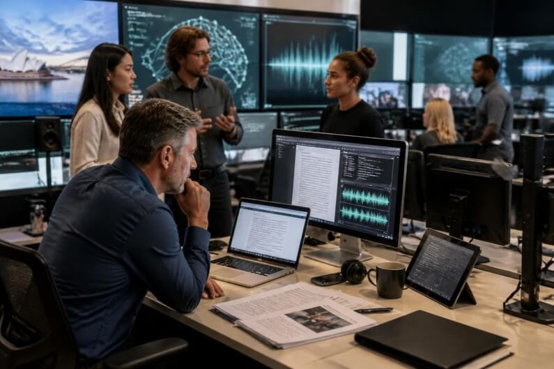Imagem da redação de uma empresa de mídia com jornalistas na frente de computadores ilustra o post cujo título diz que a A ABC vai usar a IA no jornalismo. Quais os riscos e os benefícios?