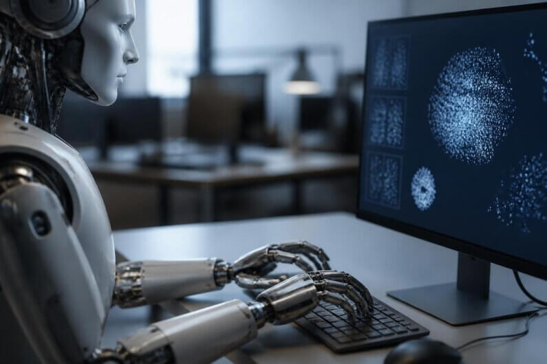 Imagem de um humanoide olhando para o monitor de um computador desktop enquanto digita no teclado sobre uma mesa ilustra o post cujo título diz que uma marca d'água da Claude vai carimbar conteúdos gerados por IA.