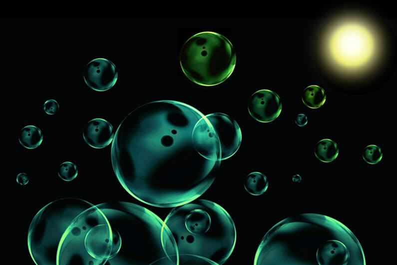Imagem conceitual mostrando várias bolhas no espaço a uma certa distância do sol para ilustrar que cientistas do MIT propõem o uso de bolhas espaciais para refletir o sol.