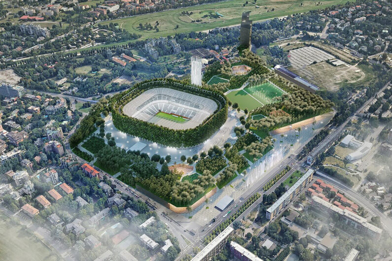 Imagem aérea de um estádio arborizado por fora para ilustrar que arquitetos revelam projeto verde inovador para estádio de futebol. Foto Reprodução: Stefano Boeri Architetti