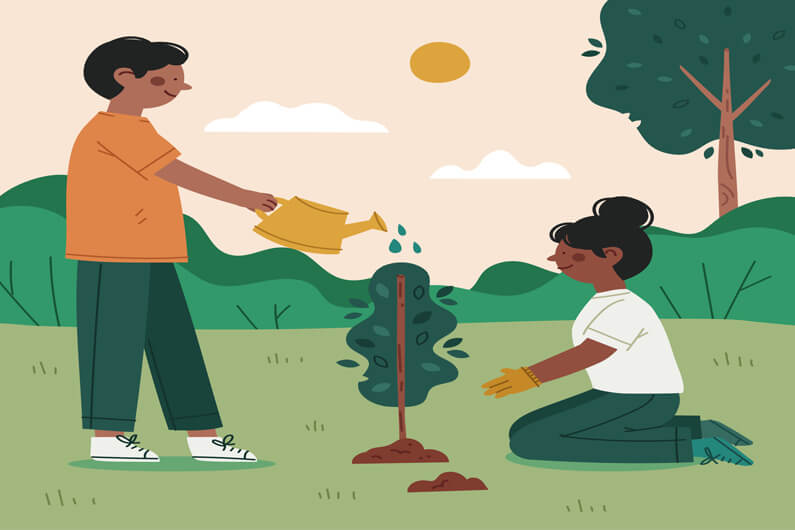 Ilustração de um rapaz de pé, regando uma planta, junto com uma moça de joelhos, ajudando o rapaz, numa paisagem verde e sol no céu como pano de fundo para ilustrar o artigo que diz que o pessimismo climático da mídia é uma narrativa ruim.