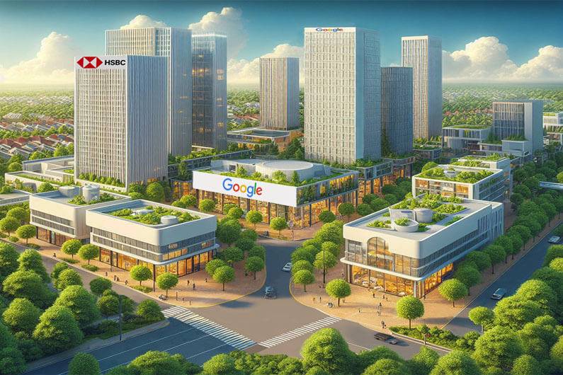 Imagem gerada por inteligência artificial de um bairro comercial com vários prédios circundados por muitas árvores ilustram o post cujo título diz que as empresas Google e HSBC se unem para financiar US$ 1 Bi para climate tech.