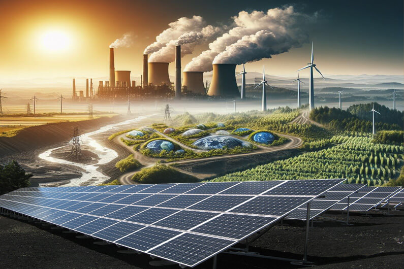Imagem gerada por AI de uma usina a carvão fazendo parte do mesmo cenário em que há turbinas eólicas e placas solares para ilustrar post cujo título diz que as energias solar e eólica na China vão superar a do carvão em 2024.