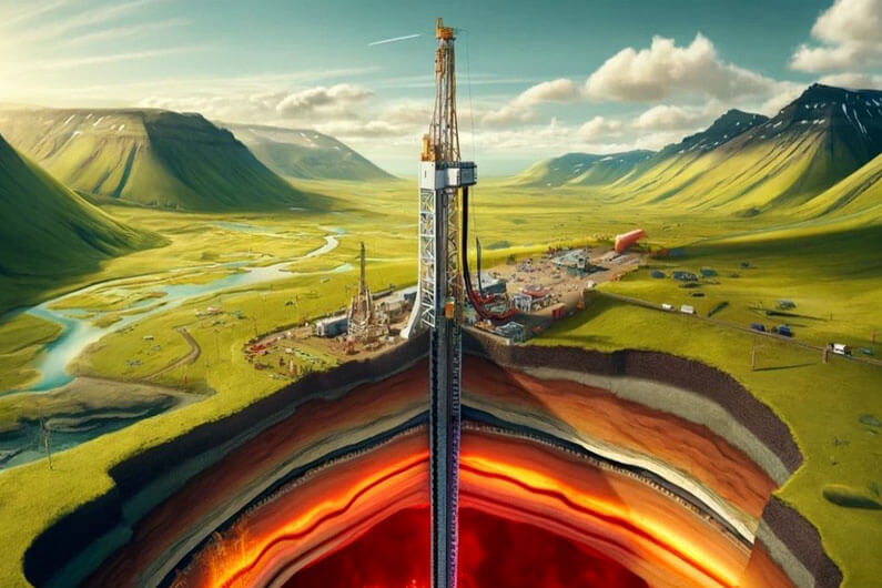 Imagem de uma sonda perfurando uma cratera aberta na crosta terrestre de um vale verdejante cercado de montanhas ilustra o post cujo título diz que perfurar o magma para obter energia geotérmica é um risco alto.