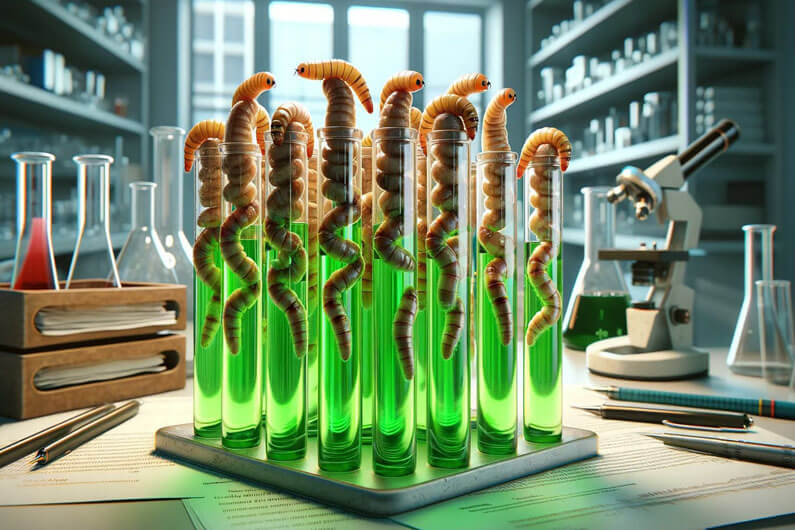 Imagem criada por inteligência artificial mostrando insetos dentro de tubos de ensaio para ilustrar o post cujo título diz que em ciclo verde, cocô de inseto é usado para cultivar microalgas.