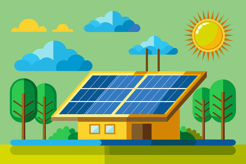 Desenho de uma casa com placas solares e circundada por árvores sob um céu esverdeado com algumas nuvens azuis e um sol amarelo ilustra o post cujo título diz que o investimento global em energia limpa será quase 2x o das fósseis.