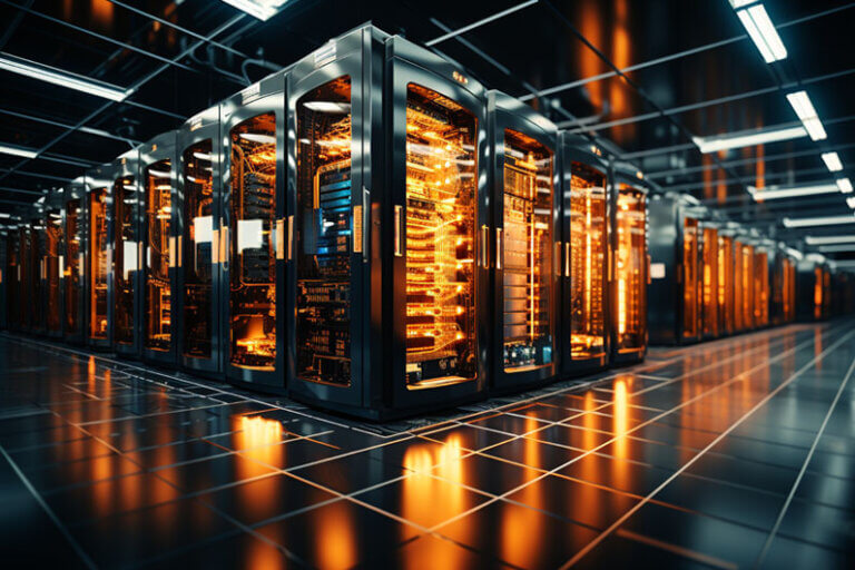 Imagem de computadores armazenadores de dados dentro de um empresa ilustra o post cujo título diz que os data centers são inerentemente intensivos em energia e recursos por conta da grande escala e complexidade de suas operações.