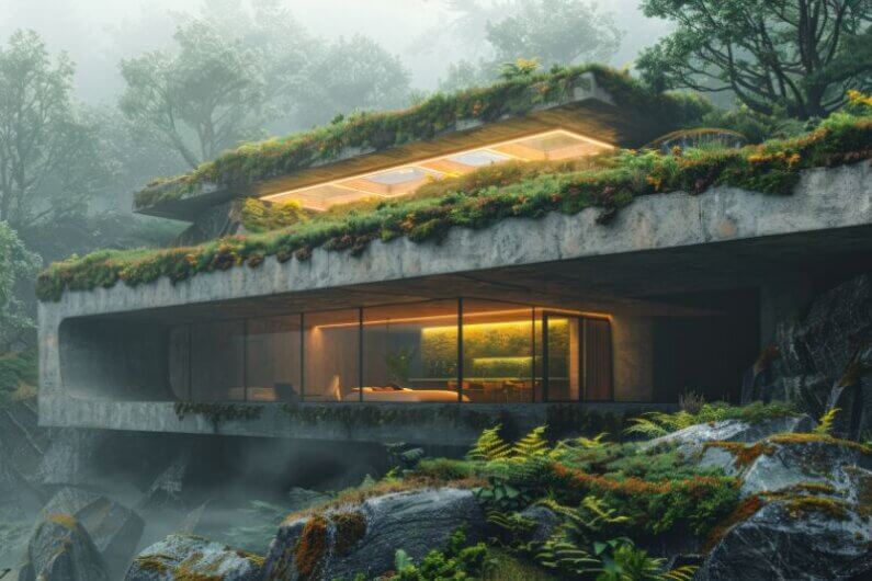 Imagem de uma casa que tem parte da construção embutida no solo e coberta por vegetação ilustra o post sobre a função da arquitetura resiliente ao clima num mundo em aquecimento.