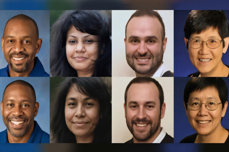 Imagens reais de quatro pessoas e quatro imagens criadas por IA das mesmas pessoas para ilustrar que a IA é capaz de gerar imagens faciais indistinguíveis de pessoas reais