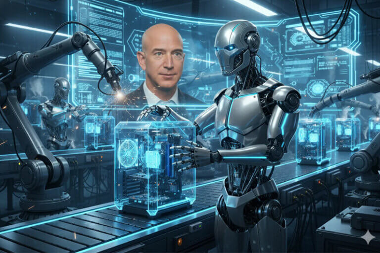 Imagem de um humanoide criando algo numa fábrica, na qual também aparece uma imagem de Bezos criada por IA para ilustrar o post cujo título diz que Jeff Bezos está criando uma startup multibilionária para fazer IA.