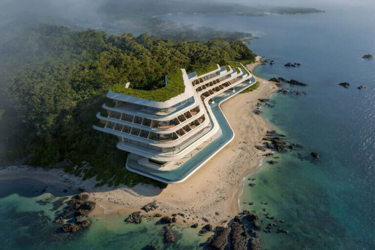 Imagem renderizada de um hotel a ser construído na ilha de Okinawa, Japão, ilustra o post cujo título diz que firma de arquitetura projeta hotel que preserva ecossistema.
