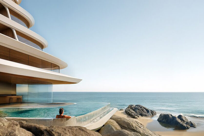 Imagem renderizada de um hotel a ser construído na ilha de Okinawa, Japão, ilustra o post cujo título diz que firma de arquitetura projeta hotel que preserva ecossistema.