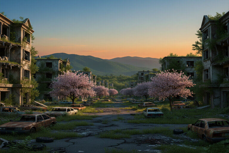 Imagem parcial de uma avenida com a vegetação tomando conta de carros e prédios abandonados para ilustrar o post cujo título pergunta: Evolução da modernidade – humanos são grandiosos ou terríveis?