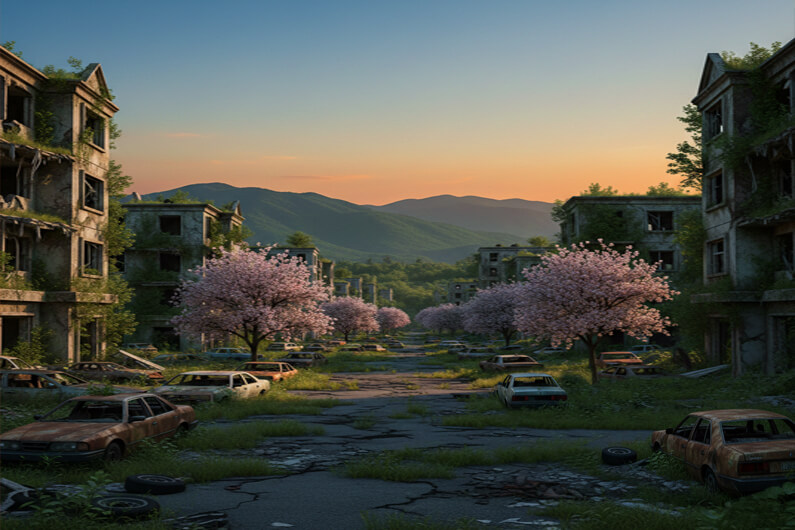 Imagem parcial de uma avenida com a vegetação tomando conta de carros e prédios abandonados para ilustrar o post cujo título pergunta: Evolução da modernidade – humanos são grandiosos ou terríveis?