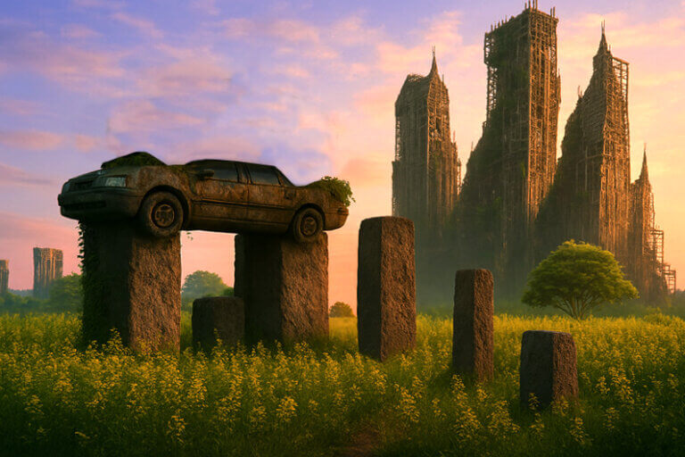 Imagem parcial de uma cidade em ruínas, com um carro enferrujado no topo de duas colunas de pedra ao ar livre para ilustrar o post cujo título pergunta: Evolução da modernidade – humanos são grandiosos ou terríveis?