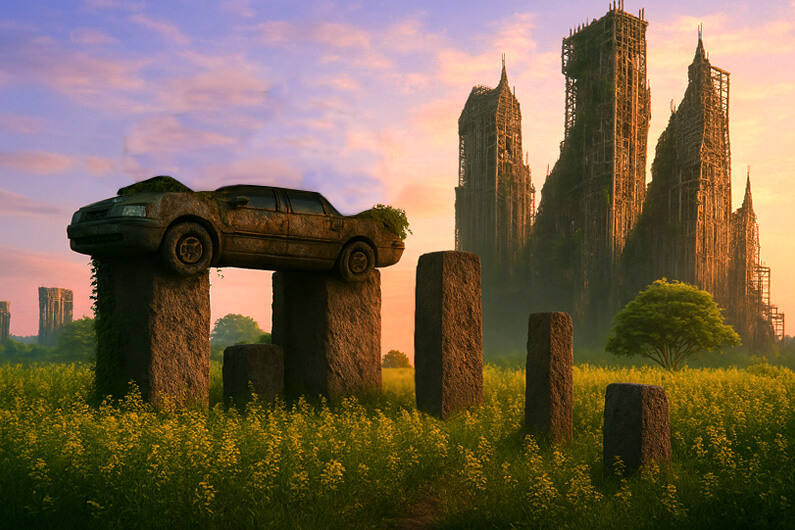 Imagem parcial de uma cidade em ruínas, com um carro enferrujado no topo de duas colunas de pedra ao ar livre para ilustrar o post cujo título pergunta: Evolução da modernidade – humanos são grandiosos ou terríveis?