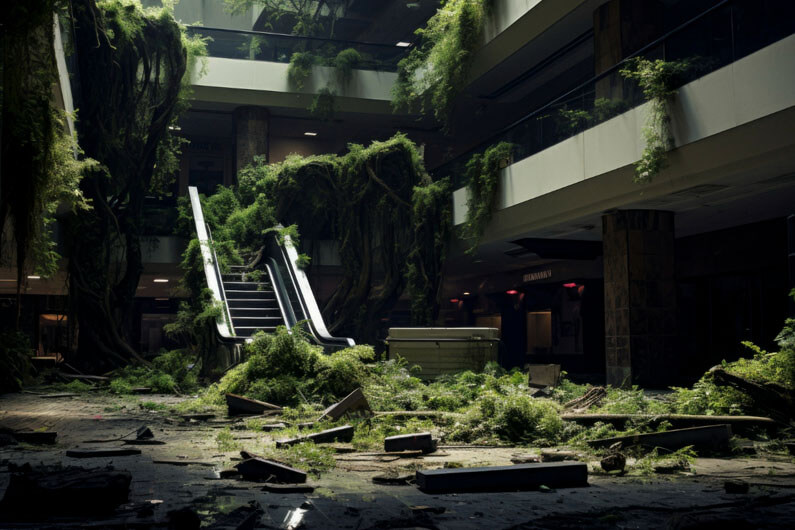 Imagem interna de um shopping center abandonado e parcialmente tomado por plantas para ilustrar o post cujo título pergunta: Evolução da modernidade – humanos são grandiosos ou terríveis?