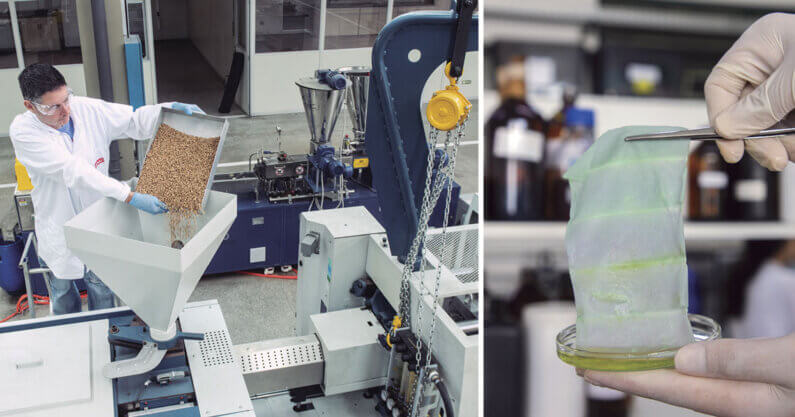 Imagem de cientistas trabalhando em laboratórios diferentes para ilustrar o post cujo título diz que madeiras, frutas e legumes formam os novos plásticos.