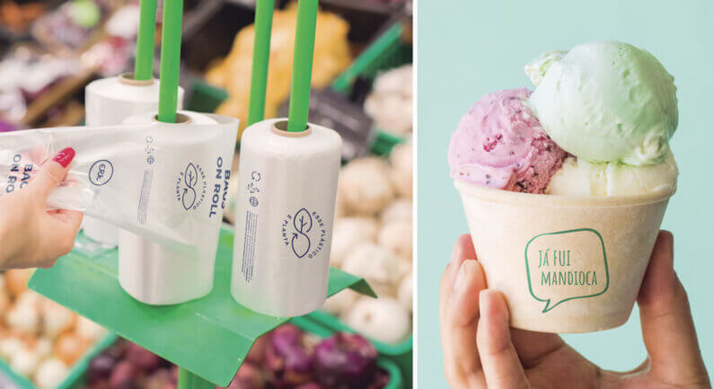 Imagem de copos e plástico compostáveis para ilustrar o post cujo título diz que madeiras, frutas e legumes formam os novos plásticos.