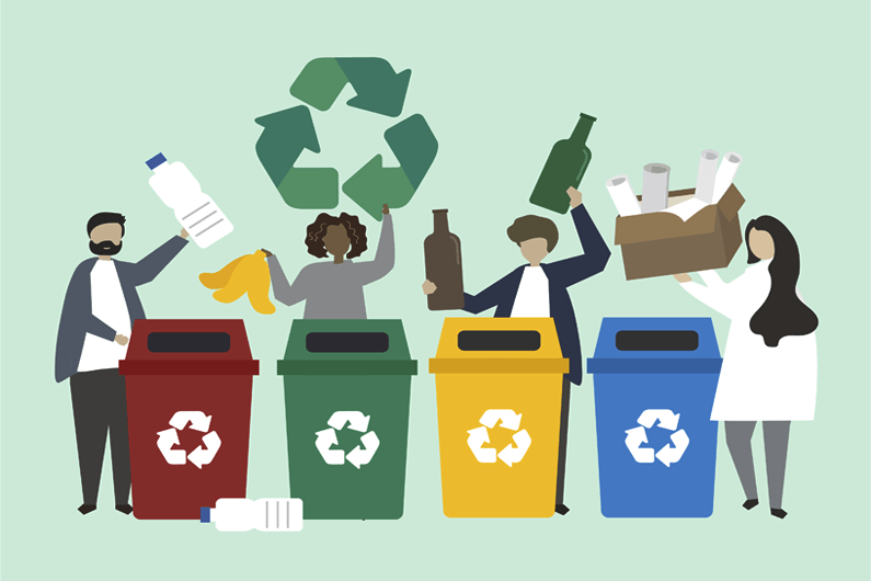 Imagem mostrando quatro pessoas colocando reciclo em quatro latas de lixo de cores diferentes ilustra o post sobre como a circularidade pode criar empregos e fortalecer economias locais.