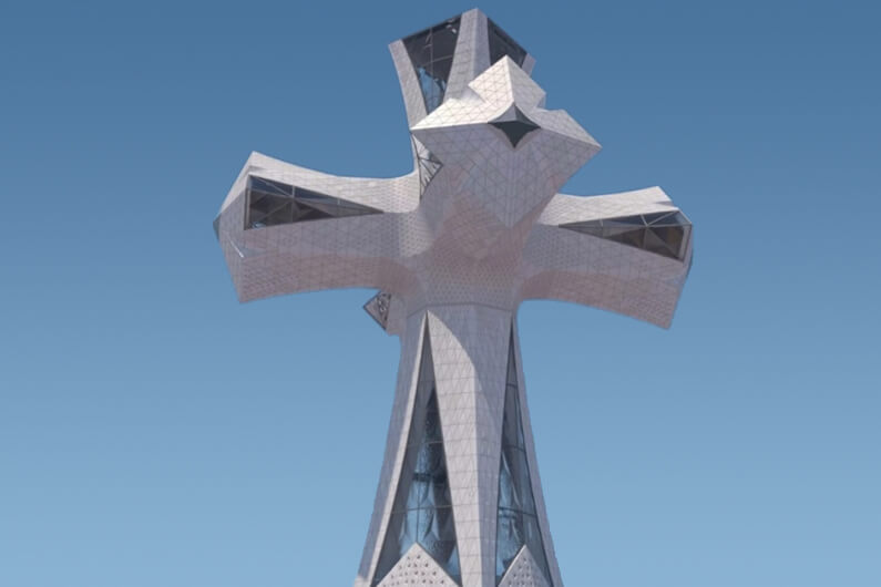 Imagem da cruz que fica no topo da basílica ilustra o post cujo título diz que joia da arquitetura mundial demorou 144 anos para ser concluída.