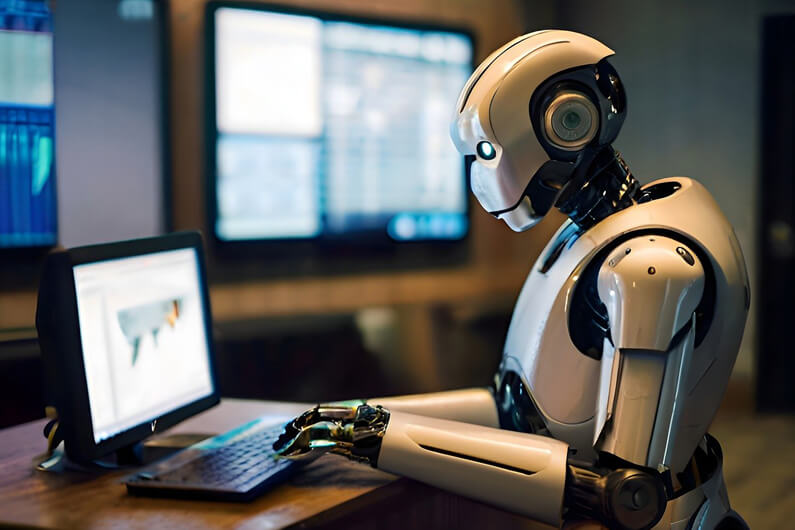 Imagem de um robô sentado à mesa e com as mão sobre o teclado de um laptop ligado ilustra o post que diz que a Superinteligência Artificial acende o alerta do desemprego.