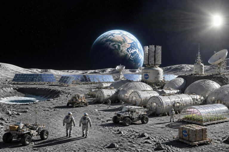 Imagem ilustrativa do Projeto Base Lunar, da NASA, ilustra o post de título: A NASA diz que viver e trabalhar na Lua será realidade após 2032.