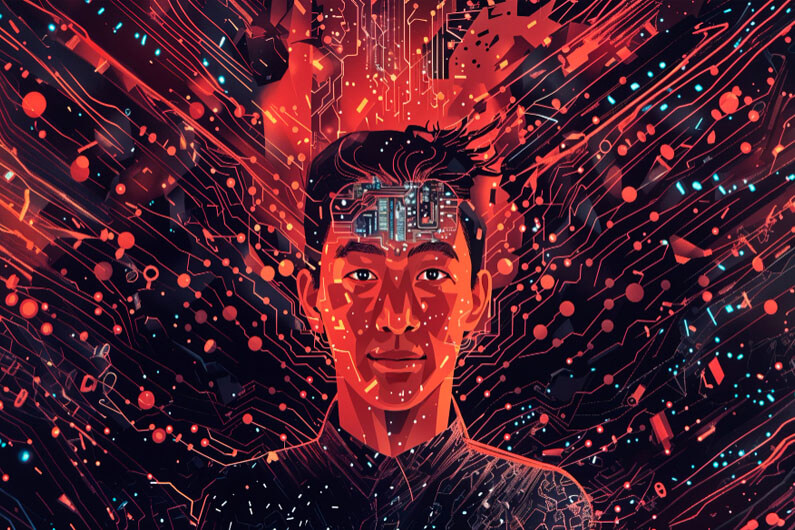 Imagem do rosto de um rapaz no papel de inteligência artificial com a cabeça que aparenta simular uma explosão digital ao seu redor ilustra o post que aborda a alucinação do Gemini e os perigos de uma tecnologia que ainda não inspira confiança.