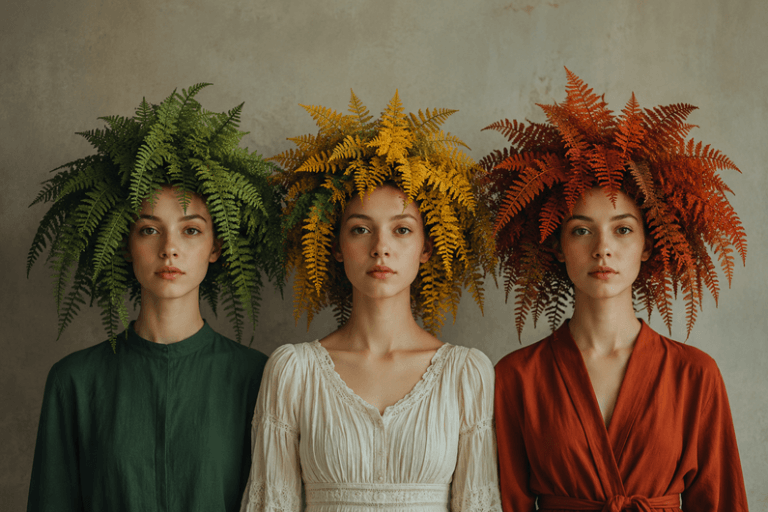 Imagem de três mulheres parecidas usando vestidos diferentes e samambaias nas cabeças em cores diferente ilustra o post com o título "Estudo que diz que a IA não está transformando alunos em plagiadores".