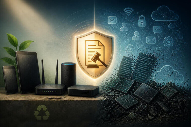 Imagem gerada por IA com aparelhos eletrônicos obsoletos de um lado e símbolos digitais do outro ilustra o post cujo título diz que novas leis combatem “tecnologia zumbi” e protegem consumidores.