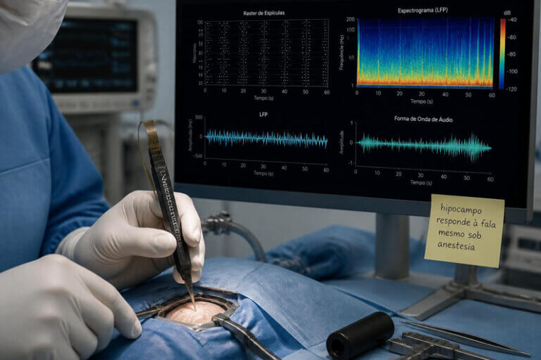Imagem de um médico fazendo uma cirurgia em um cérebro humano diante de aparelhos eletrônicos ilustra o post que diz que uma região do cérebro permanece atenta sob o efeito de anestesia.