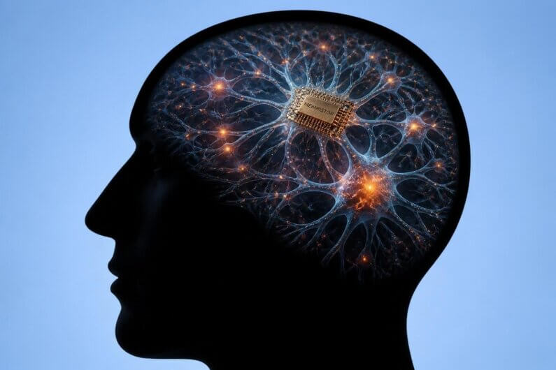 Imagem do memristor inserido em um cérebro humano ilustra o post intitulado: Conheça os memristores – chips que imitam o cérebro humano.