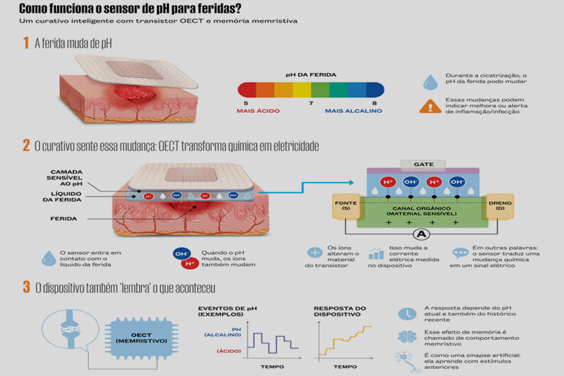 Imagem do esquema gráfico de como funciona o sensor de pH para feridas ilustra o post cujo título diz: Conheça os memristores – chips que imitam o cérebro humano.