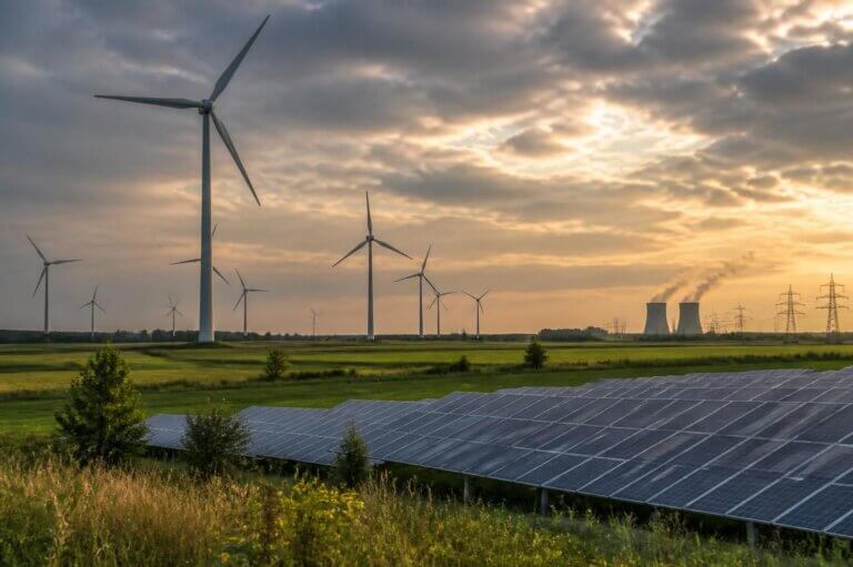 Imagem de turbinas eólicas e placas solares em uma área verdejante convivendo com usinas nucleares ao fundo ilustra o post cujo título diz que a eólica e solar superam a energia fóssil pela primeira vez na Alemanha.