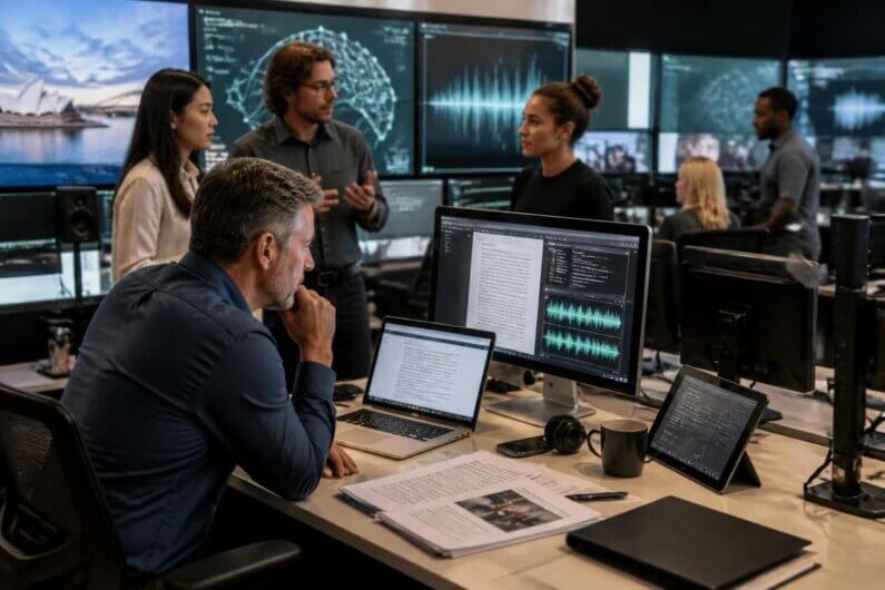 Imagem da redação de uma empresa de mídia com jornalistas na frente de computadores ilustra o post cujo título diz que a A ABC vai usar a IA no jornalismo. Quais os riscos e os benefícios?