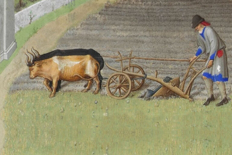 Ilustração de um trabalhador arando a terra na Idade Média ilustra o post sobre como a seca atual se compara com a do período quente medieval.