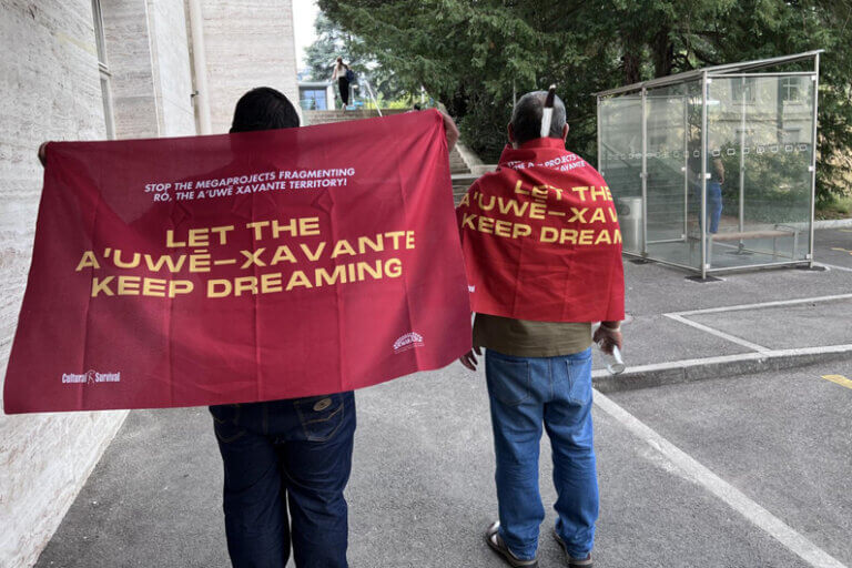 Imagem de dois indígenas da tribo Xavante mostrando duas bandeiras de protestos nas costas ilustra o post cujo título diz que a Tribo Xavante reclama de ferrovia em suas terras sagradas.