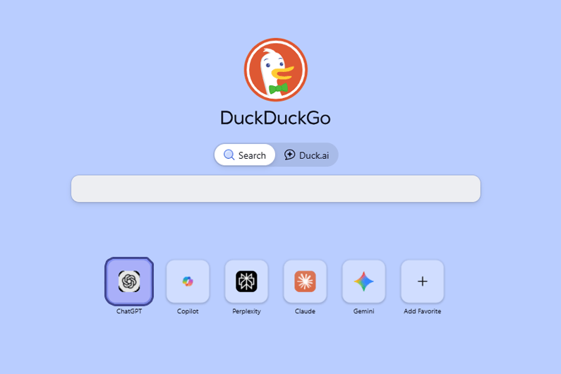 Imagem da tela do navegador DuckDuckGo mostrando opções de botões de acesso à agentes de IA ilustra o post sobre: quem responde legalmente por ciberataques de IAs sem controle?