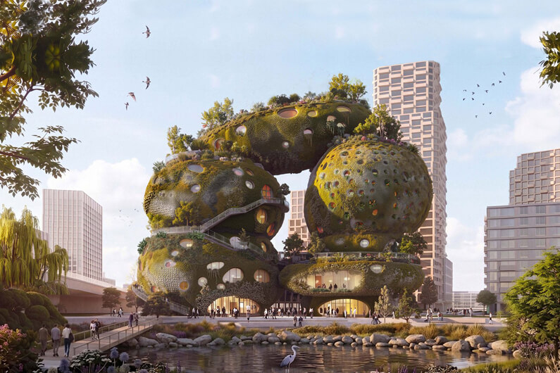 Imagem de como seria o prédio projetado pelo escritório de arquitetura MVRDV ilustra o post cujo título diz que colocar plantas na fachada de um prédio não o torna sustentável.