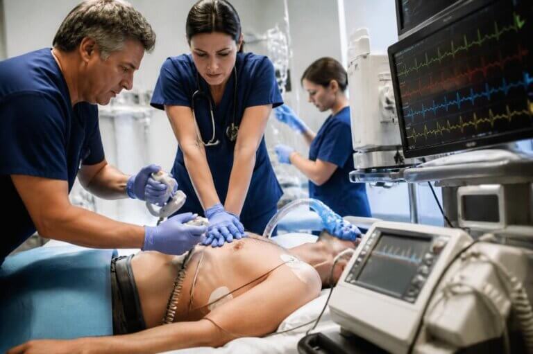 Imagem de um adulto numa cama de hospital rodeada por três profissionais da saúde aplicando um CPR e choques com um aparelho desfibrilador ilustra o post cujo título pergunta: O que é a síndrome da morte súbita em adultos?