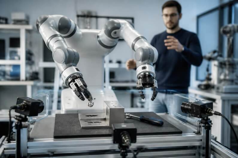 Imagem de um homem fazendo movimentos para um robô dentro um laboratório de robótica ilustra o post cujo título diz que os robôs aprendem novas habilidades vendo um único vídeo de 29 segundos.
