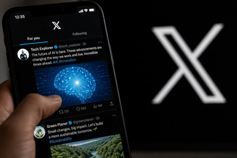 Imagem de uma mão que segura um celular cuja tela mostra fotos e textos posicionados sobre um fundo preto com o logo da X ilustra o post cujo título diz pergunta: Redes sociais te mostram posts que você não gosta – Por quê?