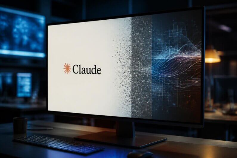 Imagem de uma tela de monitor sobre uma mesa com a imagem do logo do Claude, da Anthropic, ilustra o post cujo título diz que uma marca d'água da Claude vai carimbar conteúdos gerados por IA.