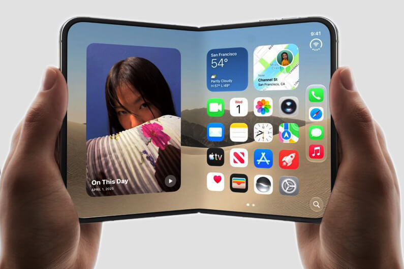 Imagem do iPhone Duo aberto mostrando uma foto na tela esquerda e a área de trabalho na tela direita ilustra o post cujo título diz que o iPhone Duo é o primeiro smartphone dobrável lançado pela Apple.