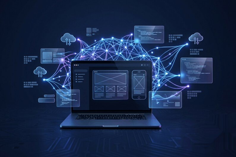 Imagem de um laptop ligado e conectado com outros aparelhos ilustra o post cujo título pergunta: Hacks do governo, agentes desonestos e falta de transparência – algum dia confiaremos plenamente na IA?