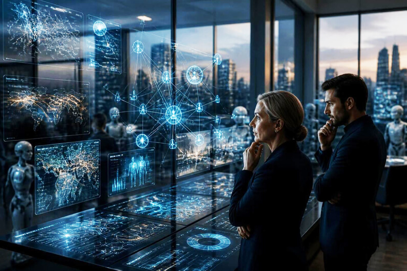 Imagem de humanos interagindo com humanoides numa empresa ilustra o post: A próxima fronteira não é a IA, mas as sociedades artificiais.